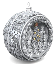 Set of 3 silver Christmas balls "Bells, Happy childhood and Bullfinches"