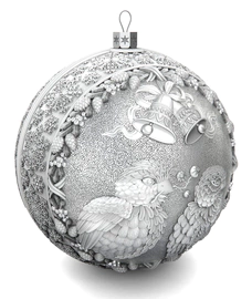 Set of 3 silver Christmas balls "Bells, Happy childhood and Bullfinches"