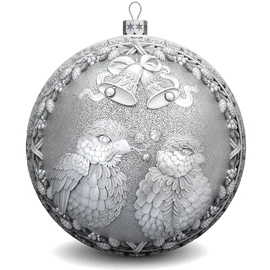 Set of 3 silver Christmas balls "Bells, Happy childhood and Bullfinches"