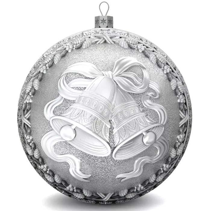 Set of 3 silver Christmas balls "Bells, Happy childhood and Bullfinches"