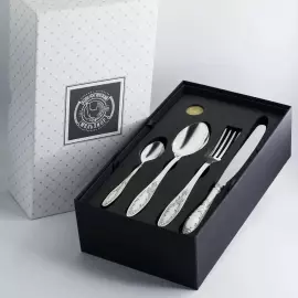 Silver-plated dining set "Flame": fork, spoon, knife, teaspoon, blackened