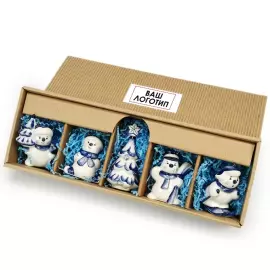 A set of corporate Christmas tree toys made of porcelain "Snowmen" with cobalt painting