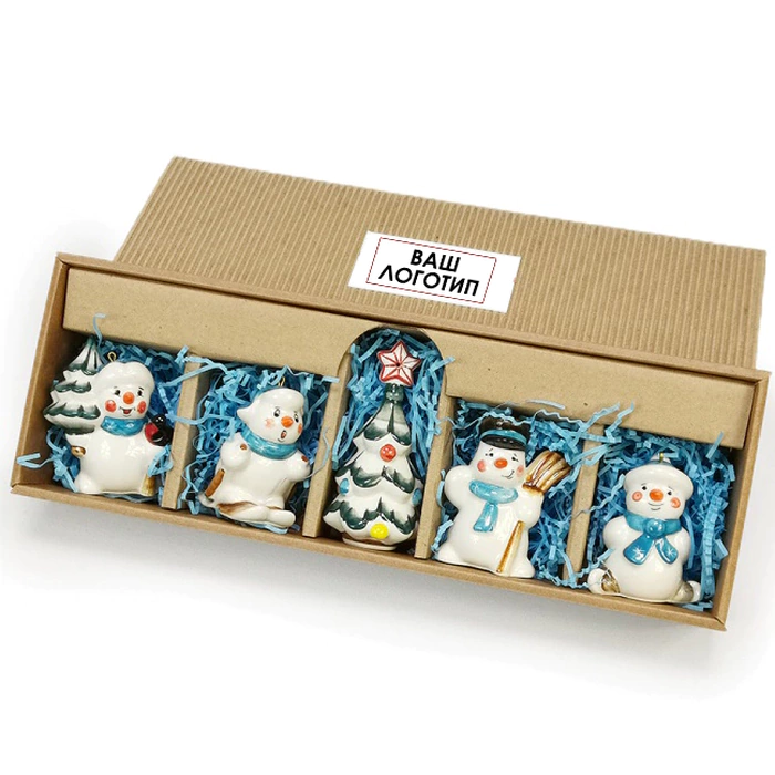 Set of corporate Christmas tree toys made of porcelain "Snowmen" with underglaze painting