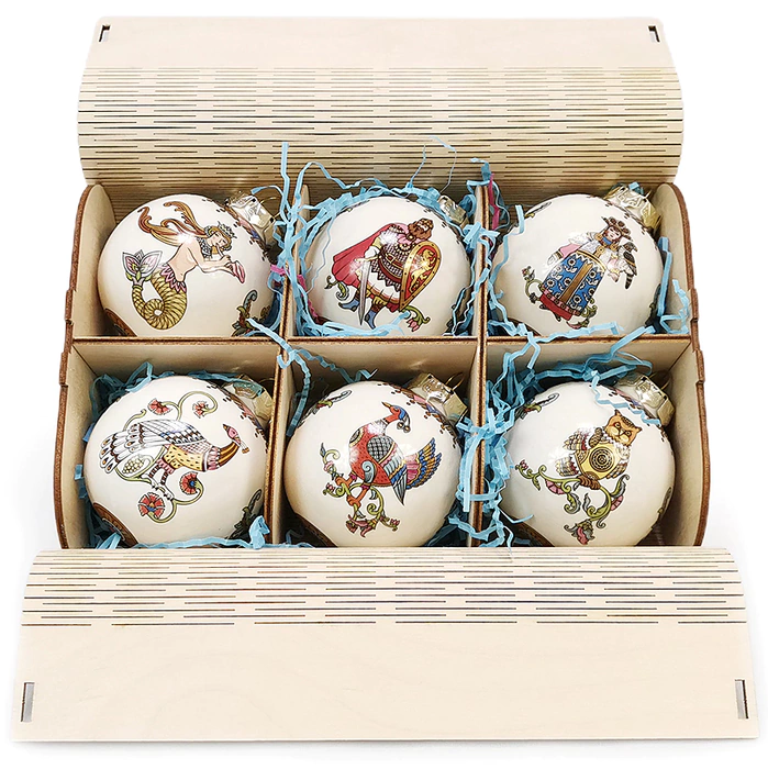 Set of corporate Christmas tree balls made of porcelain 6pcs "Russian epics"