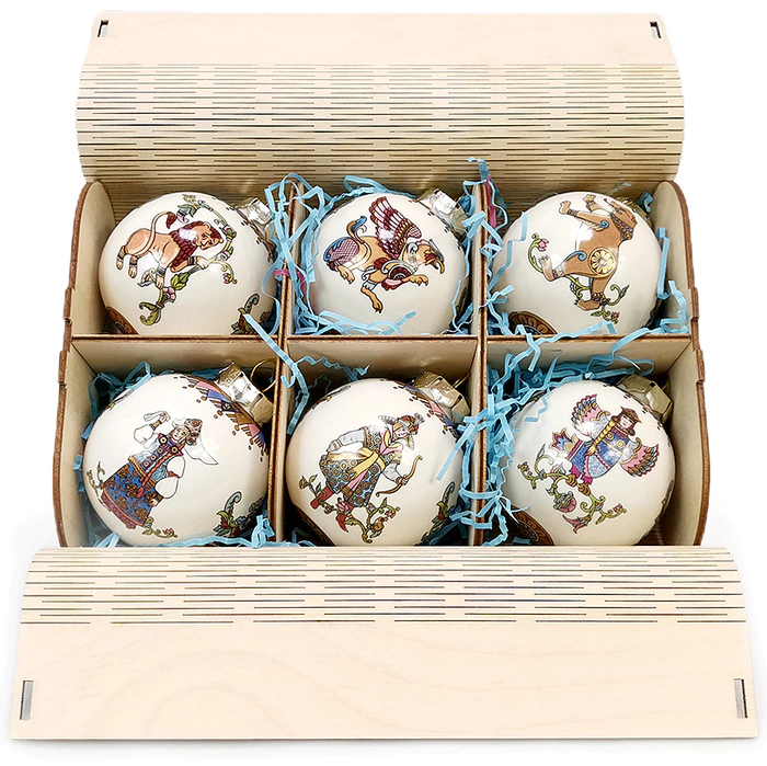 Set of corporate Christmas tree balls made of porcelain 6pcs "Russian epics"