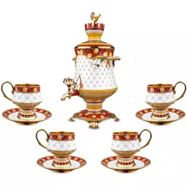 Сервиз чайный серебряный с самоваром "Золотой петушок" на 4 персоны
