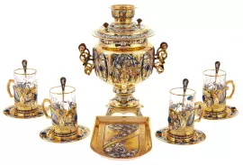 Чайный набор с самоваром "Русская традиция" на 4 персоны, с лазуритом, Златоуст