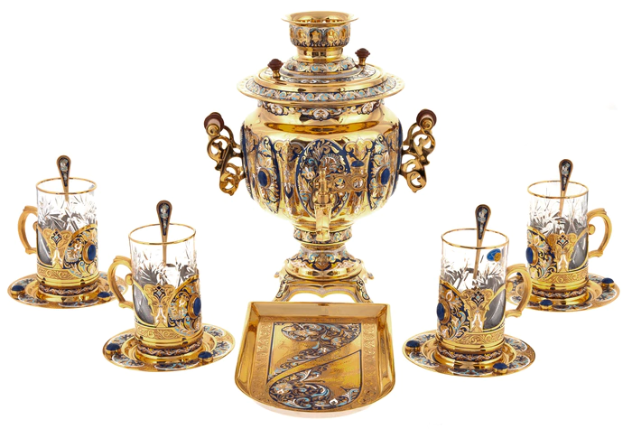 Tea set with samovar "Russian tradition" for 4 persons, with lapis lazuli, Zlatoust