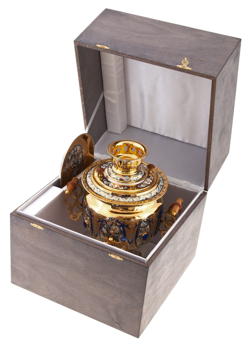 Tea set with samovar "Russian tradition" for 4 persons, with lapis lazuli, Zlatoust