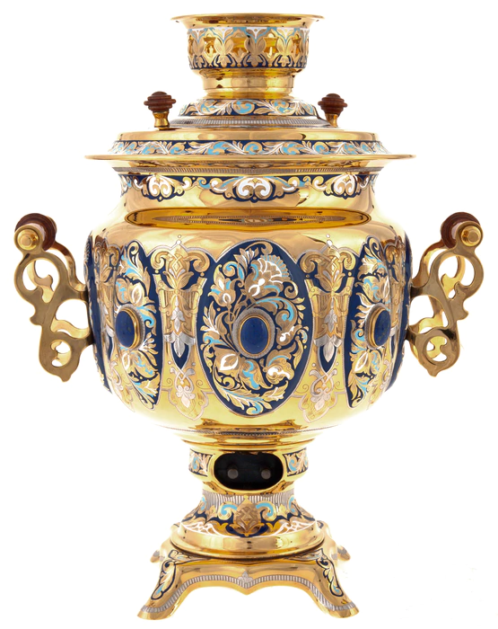 Tea set with samovar "Russian tradition" for 4 persons, with lapis lazuli, Zlatoust
