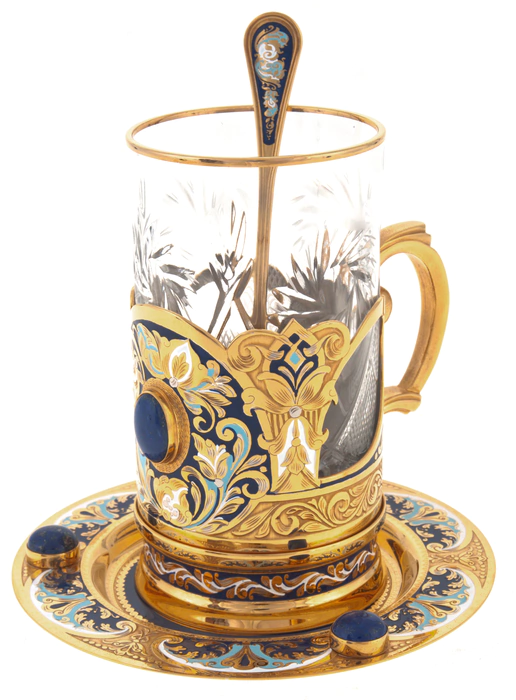 Tea set with samovar "Russian tradition" for 4 persons, with lapis lazuli, Zlatoust