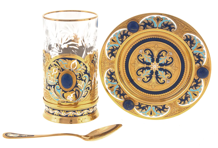 Tea set with samovar "Russian tradition" for 4 persons, with lapis lazuli, Zlatoust