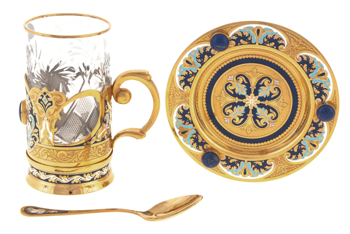 Tea set with samovar "Russian tradition" for 4 persons, with lapis lazuli, Zlatoust