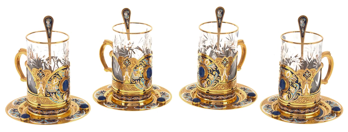 Tea set with samovar "Russian tradition" for 4 persons, with lapis lazuli, Zlatoust