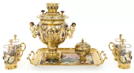 Tea set with samovar "Peacock" for 4 persons, with lapis lazuli, Zlatoust