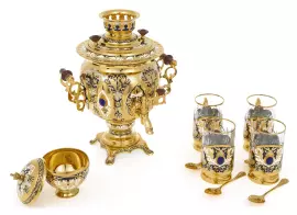 Tea set with samovar "Peacock" for 4 persons, with lapis lazuli, Zlatoust