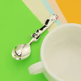 Набор детский серебряный КД "Котик": блюдце, кружка, ложка с с эмалью, на 1 персону