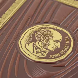 A leather-bound book "About the subordination of a woman." John Stuart Mill