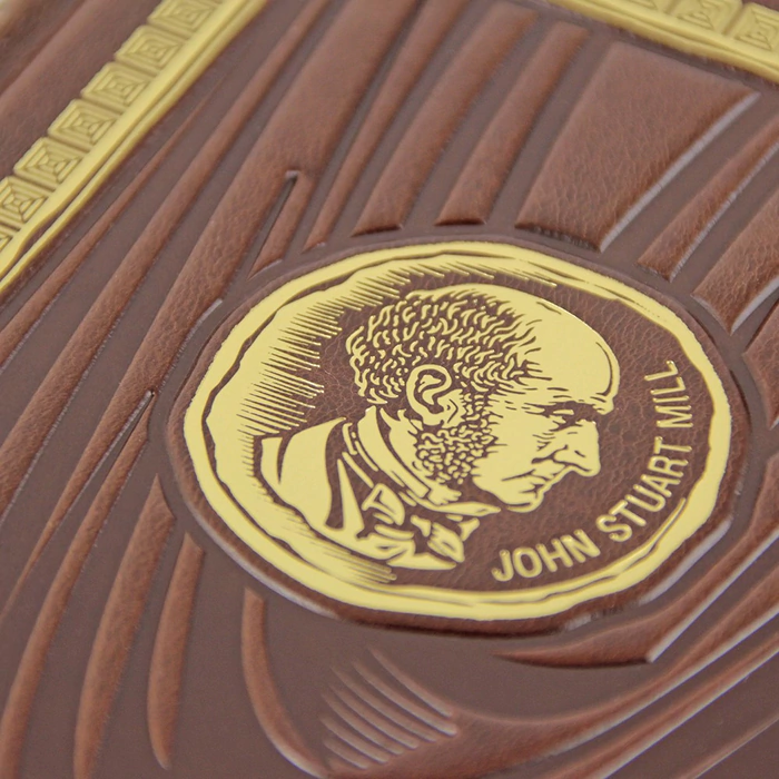 A leather-bound book "About the subordination of a woman." John Stuart Mill