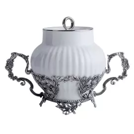 Серебряный чайный  набор "Симфония": вилка для лимона, сахарница, сливочник, совок для сахара, чайник