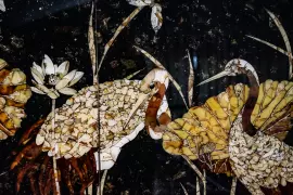 Панно из ореха и янтаря  "Журавли"