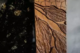 Панно из ореха и янтаря  "Журавли"