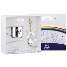 Серебряный детский набор "Мишка - малыш": кружка и ложка с позолотой и эмалью