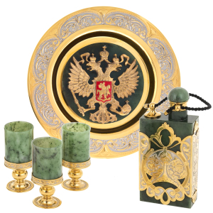 Vodka set with flask, jade "Coat of Arms of the Russian Federation" for 3 persons