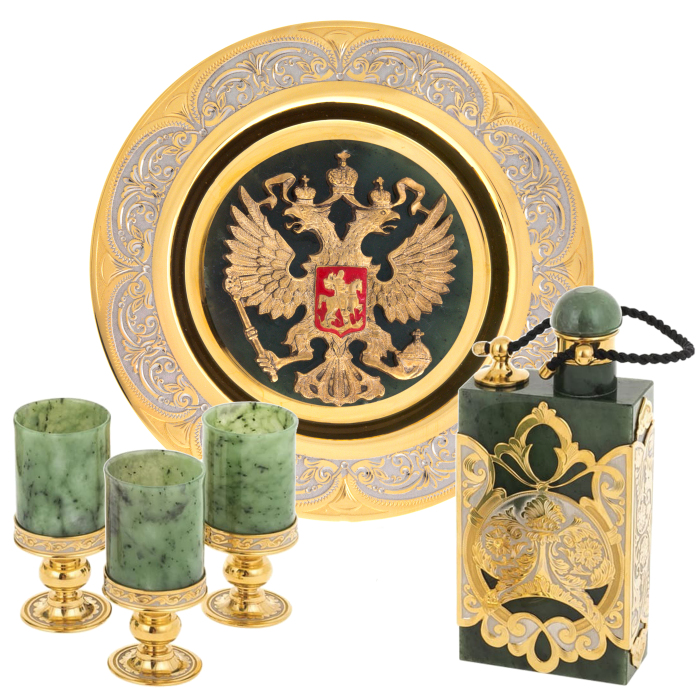 Vodka set with flask, jade "Coat of Arms of the Russian Federation" for 3 persons