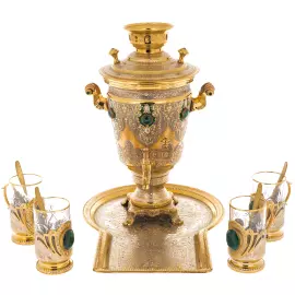 Tea set with samovar for 4 persons, with malachite, Zlatoust