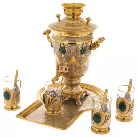 Tea set with samovar for 4 persons, with malachite, Zlatoust