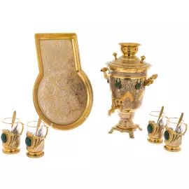 Tea set with samovar for 4 persons, with malachite, Zlatoust