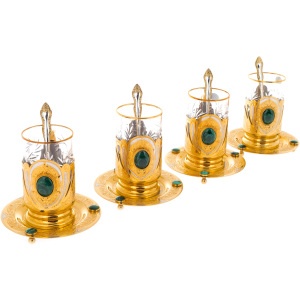 Morning tea set for 4 persons, with malachite, Zlatoust