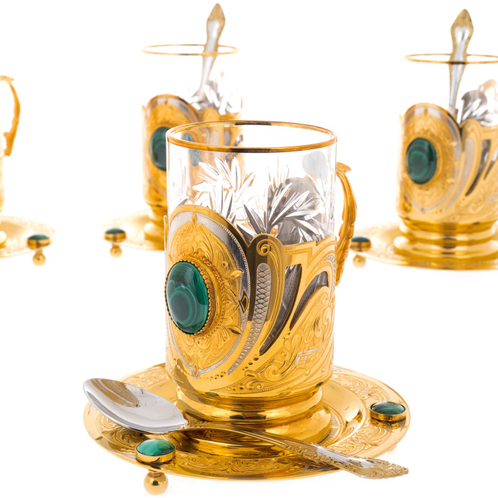 Morning tea set for 4 persons, with malachite, Zlatoust
