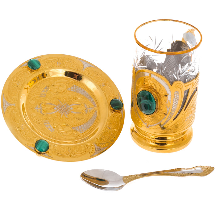 Morning tea set for 4 persons, with malachite, Zlatoust