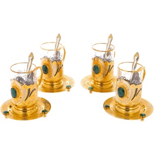 Morning tea set for 4 persons, with malachite, Zlatoust