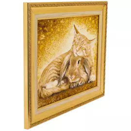 Картина из янтаря "Кролик с котом"