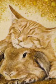 Картина из янтаря "Кролик с котом"