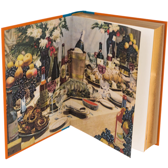 A book in a leather bibliophile cover "A book about delicious and healthy food"