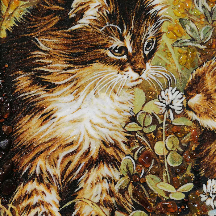 Amber painting "The Cat and the Rabbit"