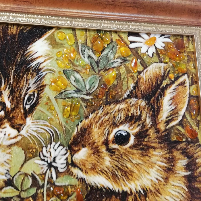 Amber painting "The Cat and the Rabbit"