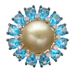 APHRODITA yellow gold ring with diamonds, topaz and pearls