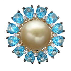 APHRODITA yellow gold ring with diamonds, topaz and pearls