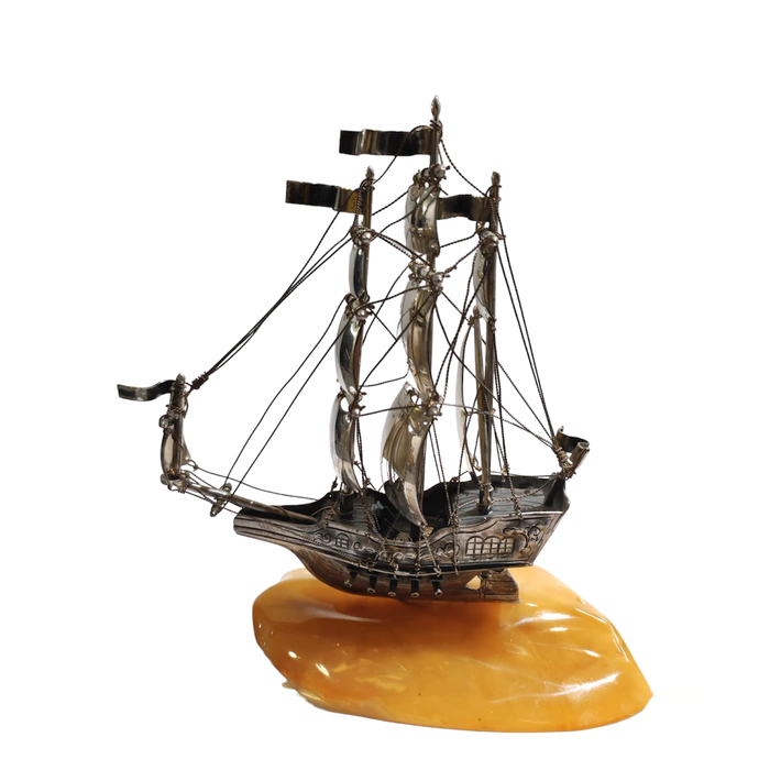 Amber and silver statuette "Sailboat"