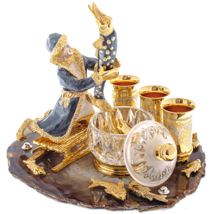 Caviar bowl "Visiting a fairy tale" on agate, 3 glasses, Zlatoust