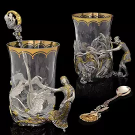 Коллекция чайных чашек из серебра "Царевна лягушка" на 2 персоны, с ложками