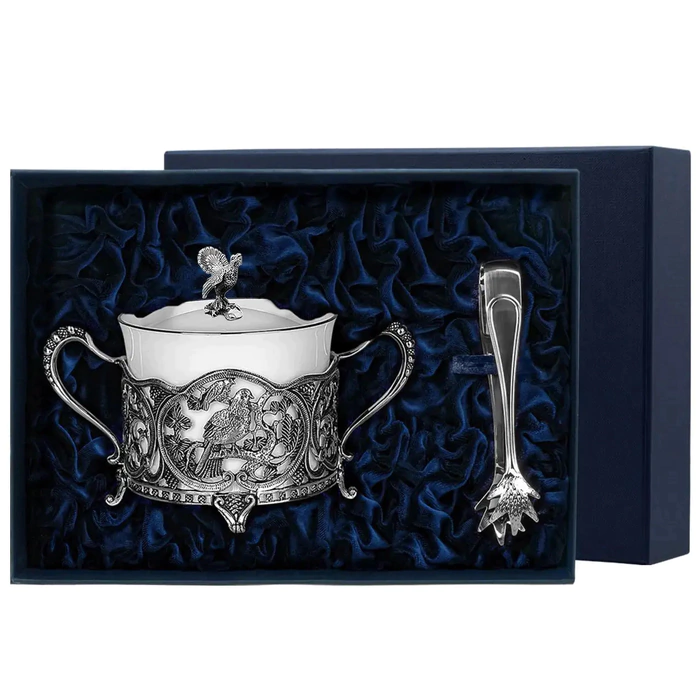 Silver set "Capercaillie edge": sugar bowl and tongs for sugar