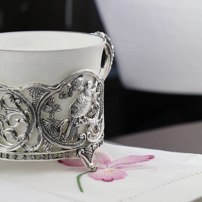Silver set "Capercaillie edge": sugar bowl and tongs for sugar