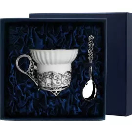 Чайная чашка из серебра "Зимние узоры" с ложкой
