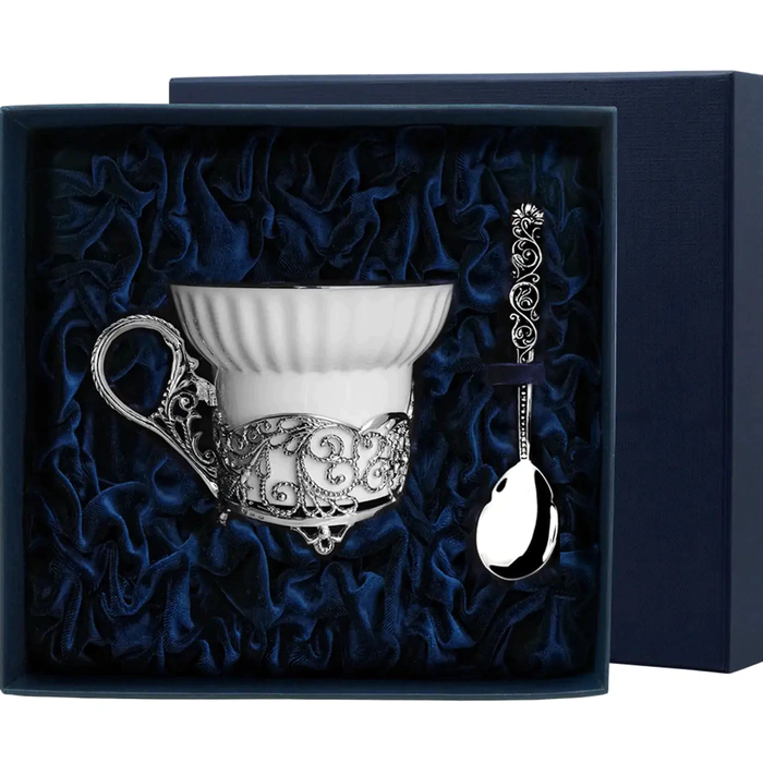 Silver tea cup "Winter patterns" with a spoon